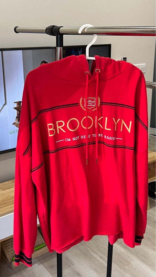 H M Unisex Printed Brooklyn Hoodie in Red Women s Fashion Tops Longsleeves on Carousell
