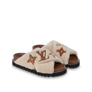 Louis Vuitton Two Tone Leather and Shearling Fur Paseo Slides Size 38