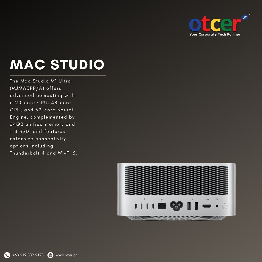 MAC STUDIO M1 ULTRA 20C48C 1TB (MJMW3PP/A) (Category: Desktops) located in Pasig City. Submitted by otcer.philippines (Listing ID 1257830819, Image 1). Description: Experience sophistication and power with the Mac Studio M1 Ultra's 20-core CPU and 48-core GPU. Uncover the details at www.otcer.ph or +63 919 839 9123. #OtcerPH | Php 257,190.00..