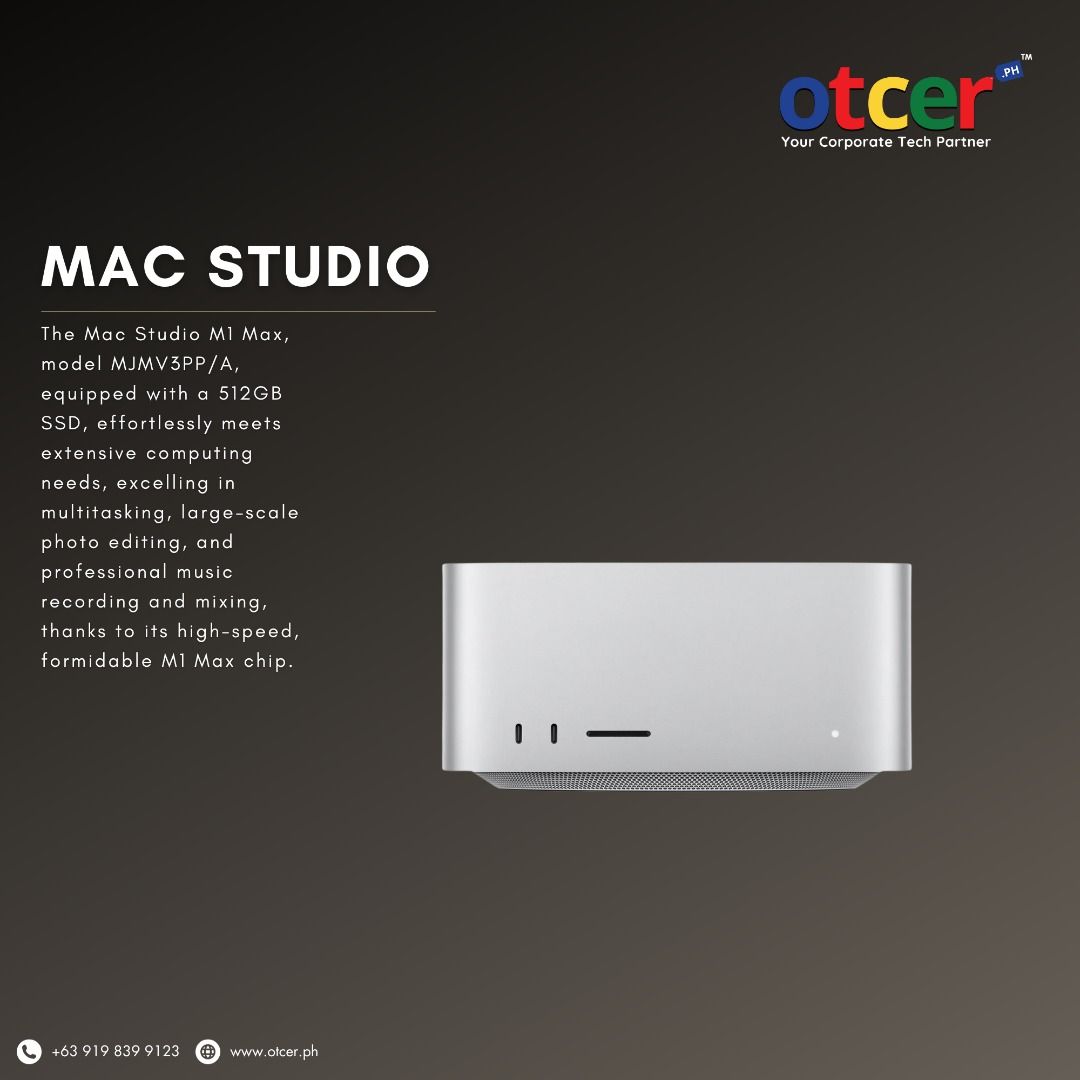 MAC STUDIO M1MAX10C24C 512GB (MJMV3PP/A) (Category: Desktops) located in Pasig City. Submitted by otcer.philippines (Listing ID 1257825986, Image 1). Description: Elevate your professional endeavors with the Mac Studio M1 Max, available at Otcer.ph. It's more than a device; it’s your gateway to innovation. Check out www.otcer.ph or contact +63 919 839 9123. #OtcerPH | Php 132,490.00..