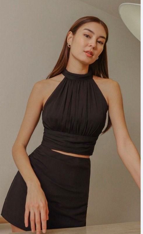 NORA CHIFFON RUCHED HALTER TOP BLACK