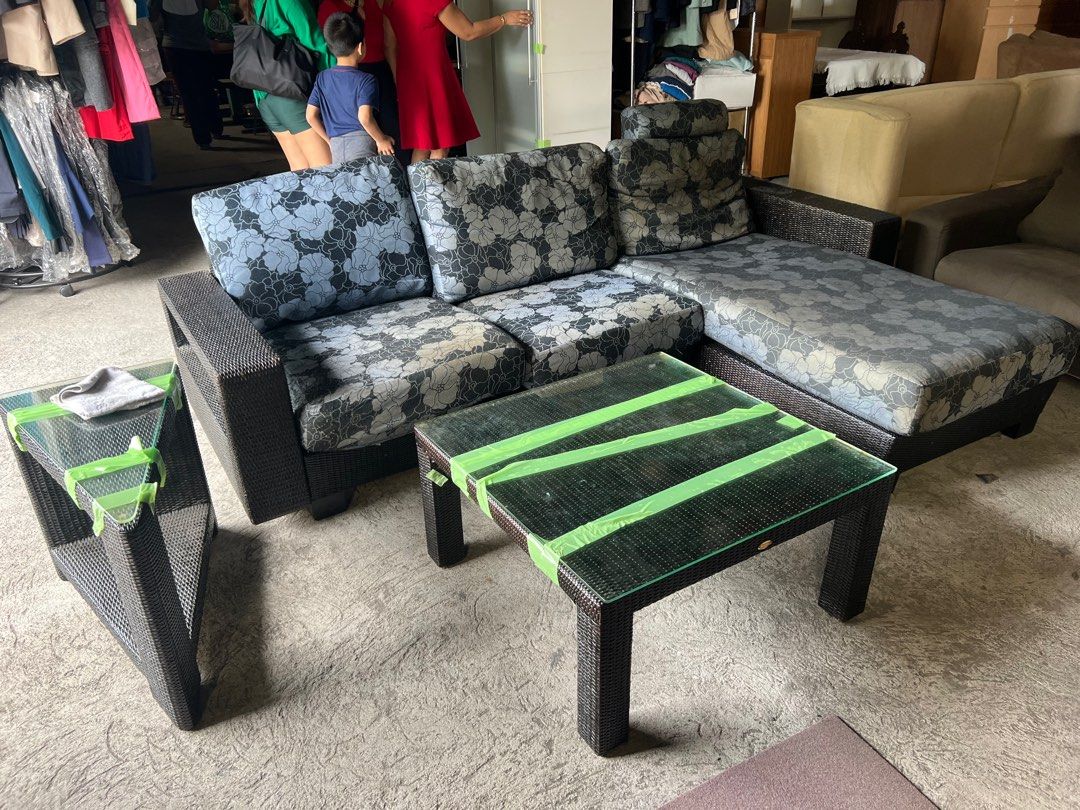 Outdoor Sofa Set (Category: Sofas) located in Manila. Submitted by tjsells.101 (Listing ID 1257712640, Image 1). Description: Take all for Php 16,000 including foam, 2 tables and glass in table.