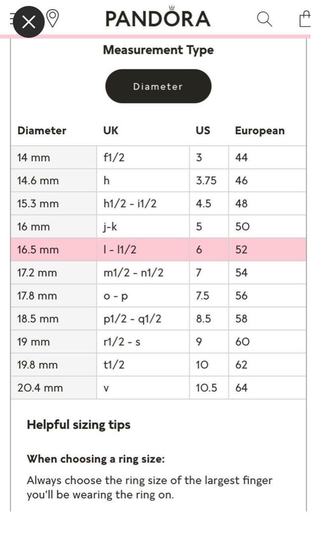 Pandora ring hotsell sizes in mm