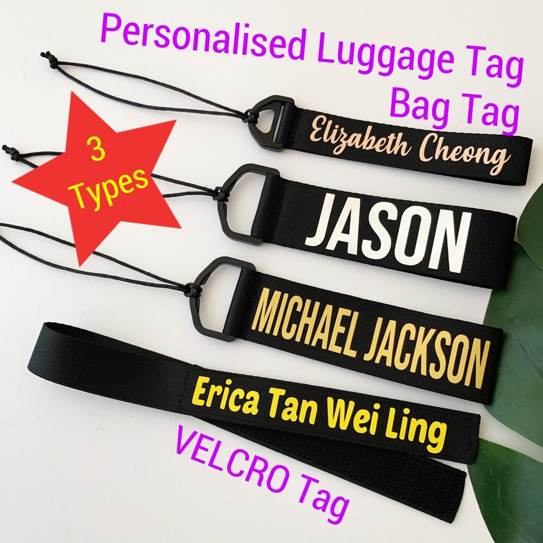 Personalised Name Luggage Tag Velcro Bag Tag Customised Travel Farewell gift 38mm width w/Hook