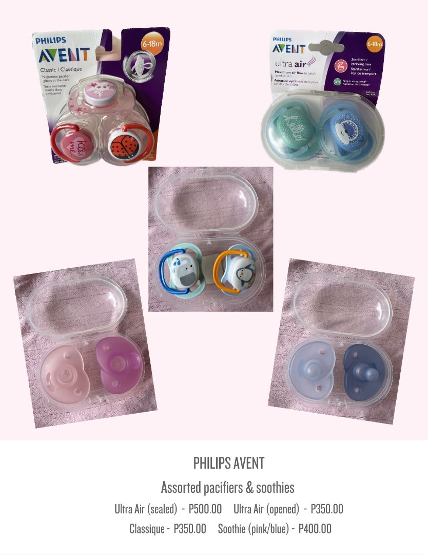 PHILIPS AVENT Assorted pacifiers & soothies (Category: Soothers & Pacifiers) located in Marikina City. Submitted by libidibi (Listing ID 1257692334, Image 1). Description: These are all authentic Philips Avent soothies/pacifiers (brandnew/used once or twice). Kindly wash/sterilize before use Ultra Air 6-18m (sealed) - P500.00 Classique 6-18m (sealed) - P350.00 bought in the US SOLD Soothie blue 0-6m (opened) - P400.00 SOLD Ultra Air 0-6m (opened)