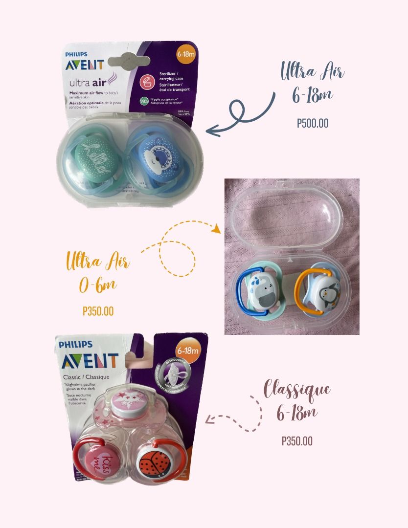 PHILIPS AVENT Assorted pacifiers & soothies (Category: Soothers & Pacifiers) located in Marikina City. Submitted by libidibi (Listing ID 1257692334, Image 2). Description: These are all authentic Philips Avent soothies/pacifiers (brandnew/used once or twice). Kindly wash/sterilize before use Ultra Air 6-18m (sealed) - P500.00 Classique 6-18m (sealed) - P350.00 bought in the US SOLD Soothie blue 0-6m (opened) - P400.00 SOLD Ultra Air 0-6m (opened)