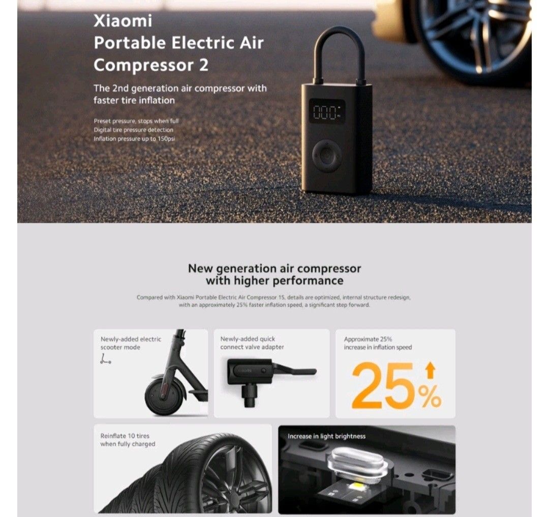 Xiaomi Mijia Portable Electric Air Compressor 1S / 2 Type-C Air Inflator Air  Pump Smart Digital Tire Pressure Detection LED Car