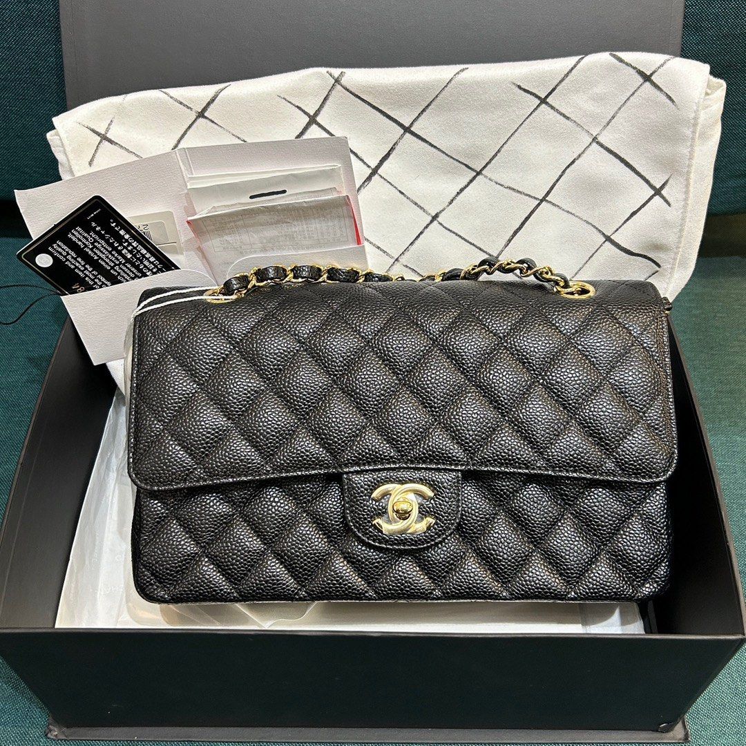 Chanel Classic Small Double Flap 20C Gray/Grey Quilted Caviar with light  gold hardware