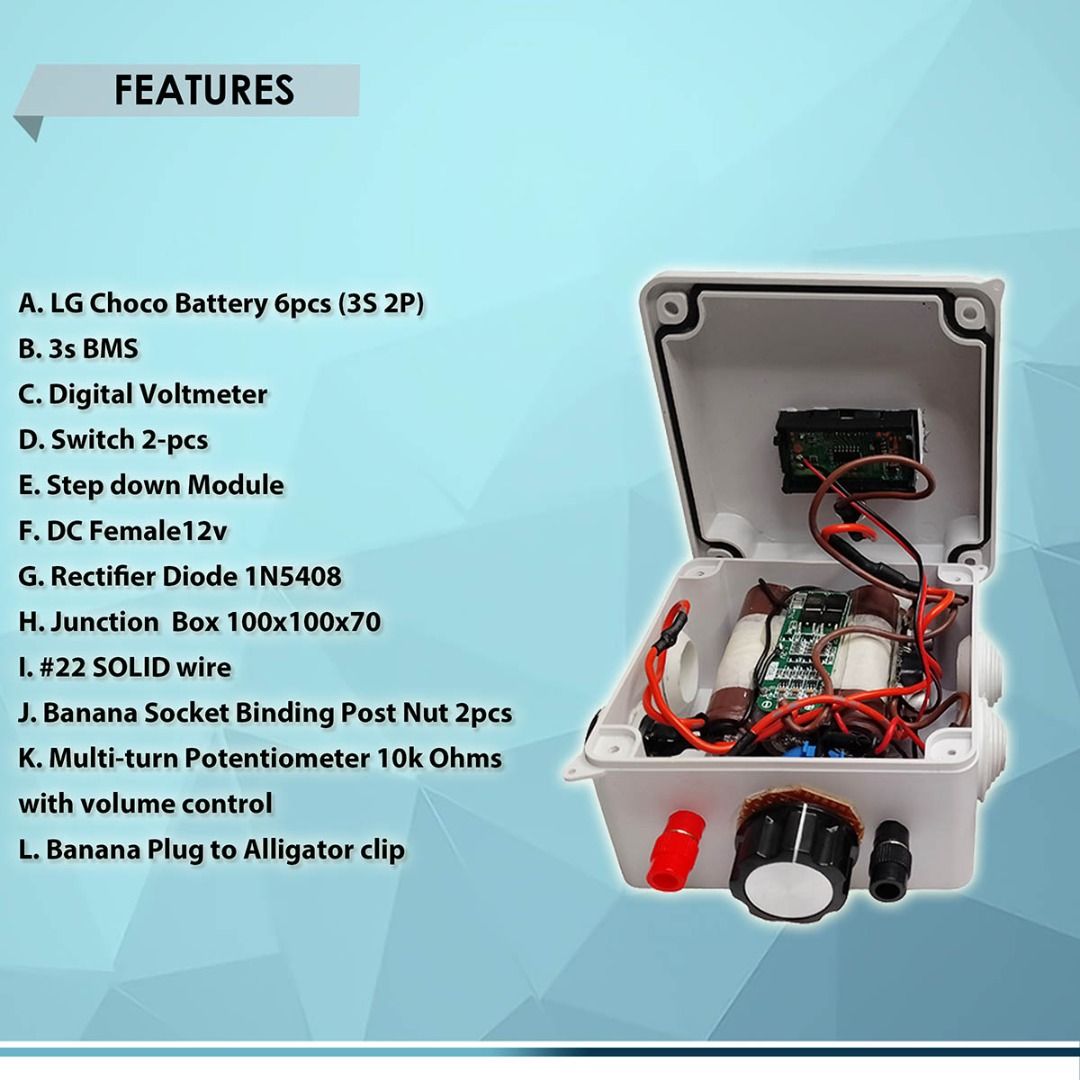 ADJUSTABLE POWER SUPPLY VOLTAGE STEP DOWN (12V-3V), VARIABLE POWER SUPPLY VOLTAGE REGULATOR (Category: Electrical, Adaptors & Sockets) located in Quezon City. Submitted by besteinpc (Listing ID 1258785036, Image 2). Description: ADJUSTABLE POWER SUPPLY VOLTAGE STEP DOWN (12V-3V), VARIABLE POWER SUPPLY VOLTAGE REGULATOR FEATURES: 👉a. LG Choco Battery 6pcs (3S 2P) 👉b. 3s BMS 👉c. Digital Voltmeter 👉d. Switch 2-pcs 👉e. Step down Module 👉f. DC F