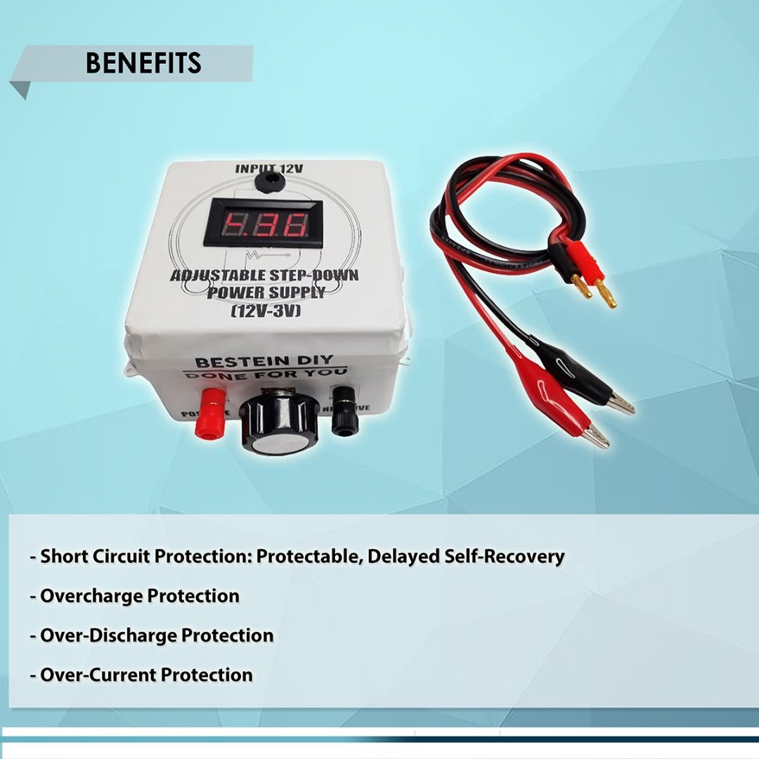 ADJUSTABLE POWER SUPPLY VOLTAGE STEP DOWN (12V-3V), VARIABLE POWER SUPPLY VOLTAGE REGULATOR (Category: Electrical, Adaptors & Sockets) located in Quezon City. Submitted by besteinpc (Listing ID 1258785036, Image 3). Description: ADJUSTABLE POWER SUPPLY VOLTAGE STEP DOWN (12V-3V), VARIABLE POWER SUPPLY VOLTAGE REGULATOR FEATURES: 👉a. LG Choco Battery 6pcs (3S 2P) 👉b. 3s BMS 👉c. Digital Voltmeter 👉d. Switch 2-pcs 👉e. Step down Module 👉f. DC F