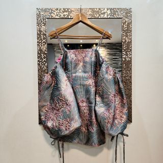 Atelier Debbie Co: Puff Sleeves Corset Off Shoulder Dress in Brocade