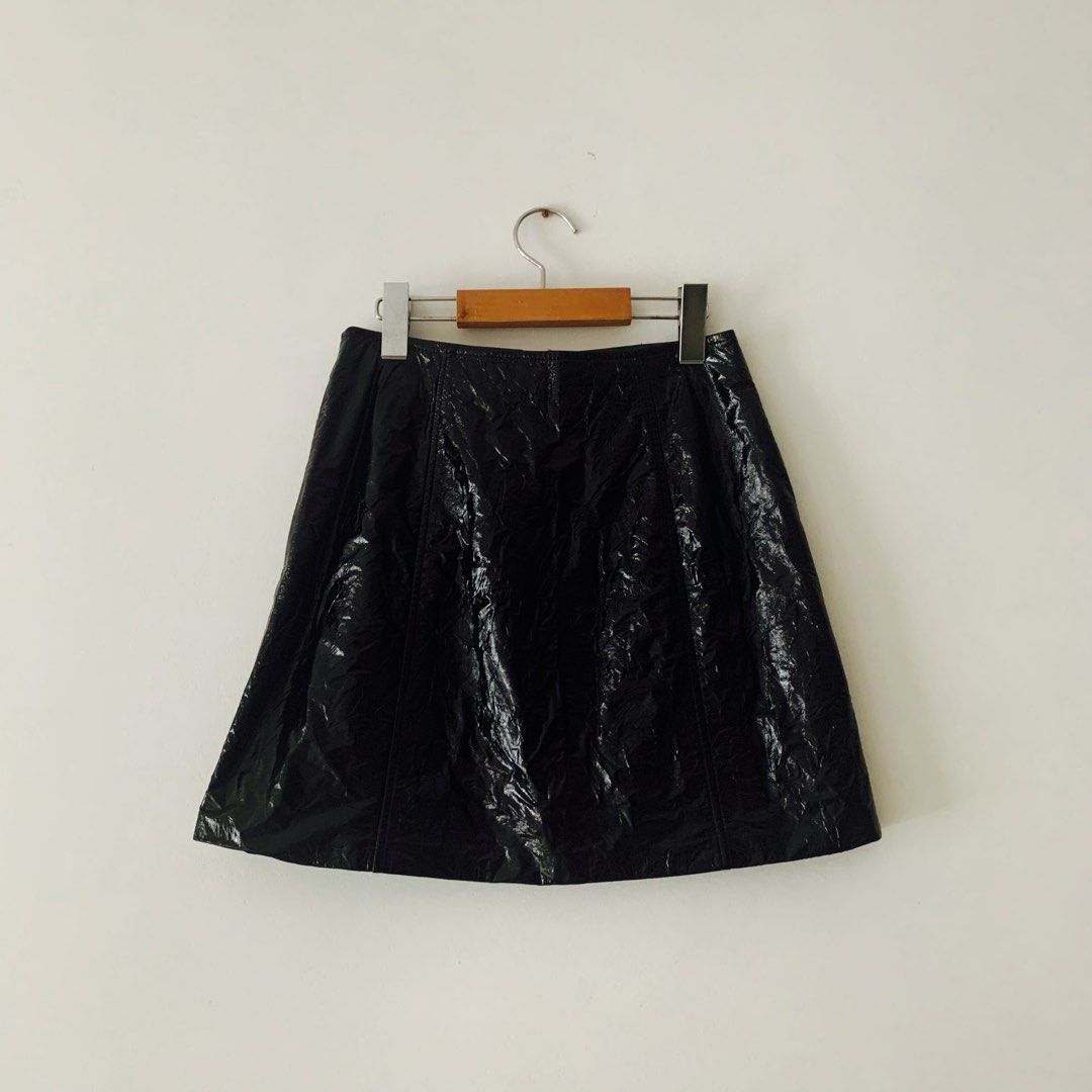 Bershka Patent Leather Front Zip Skirt with Ring Vinyl Mini Skirt