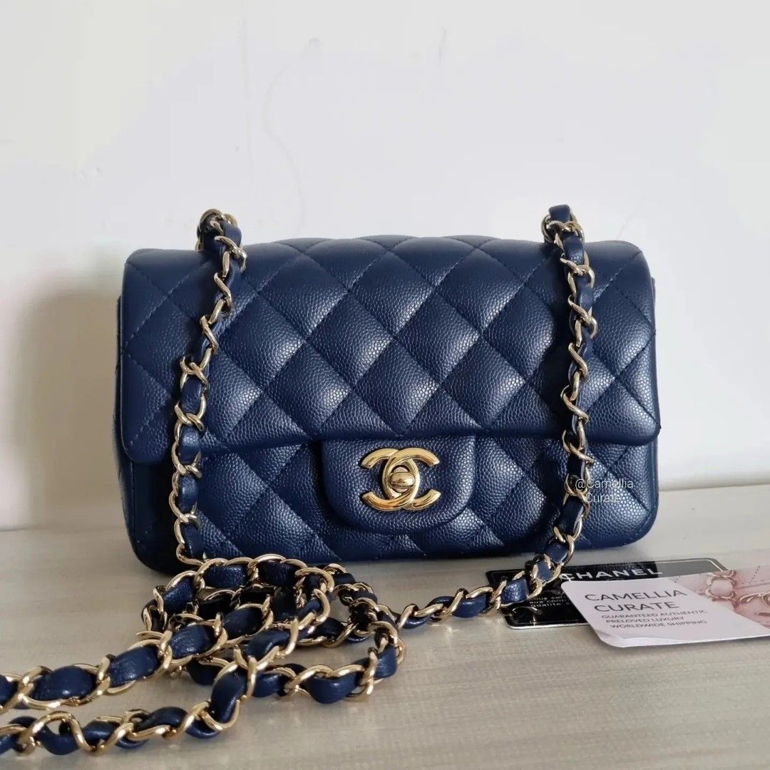 Chanel Mini Caviar Rectangular Navy Gold Hardware, Luxury, Bags