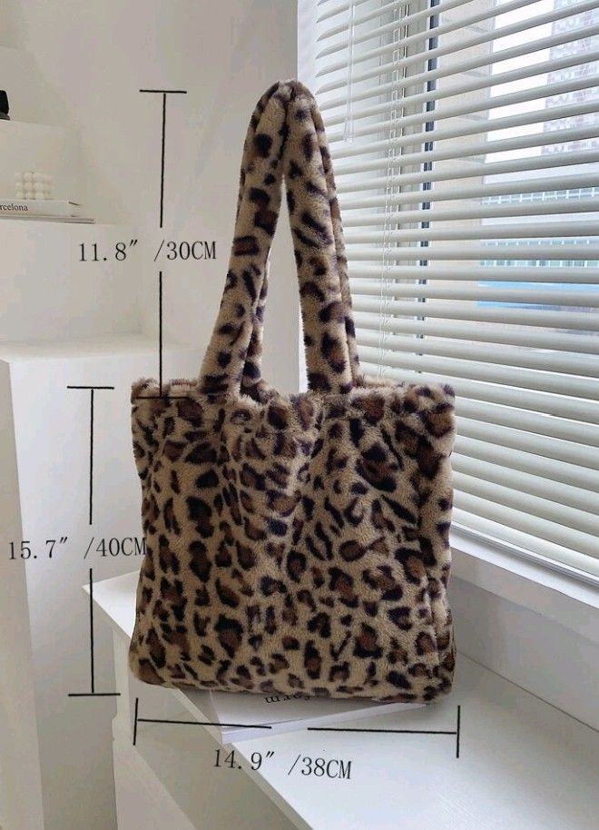 Fuzzy furry leopard print tote bag y2k Women s Fashion Bags