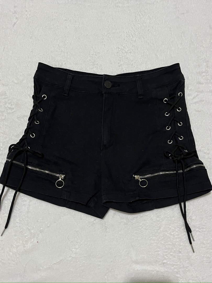 Gothic Grunge Punk Dark Coquette Black Tie Shorts, Women's Fashion ...