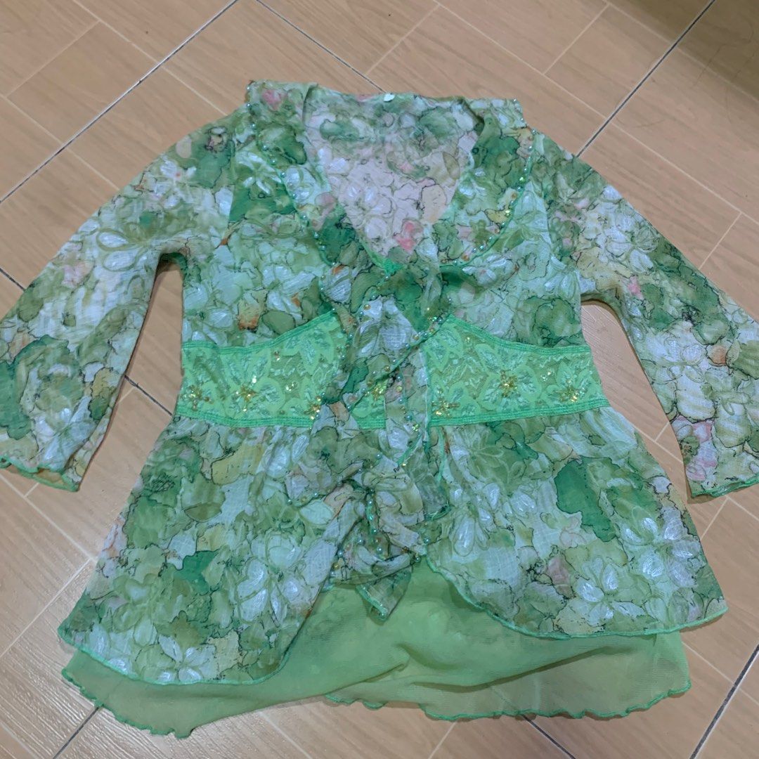 green beaded chiffon sheer long sleeve (Category: Longsleeves) located in Manila. Submitted by declutterwju (Listing ID 1259369129, Image 1). Description: green beaded chiffon sheer long sleeve ~ size xs-s ~ very vintage looking .