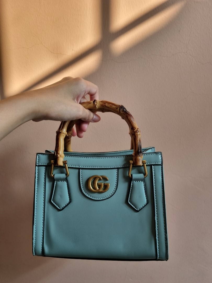 Leather Como Bag with Bamboo Handles in Turquoise