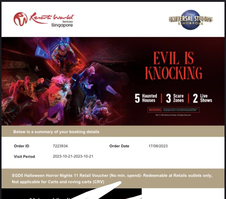 HHN 2023 Halloween Horror Night Ticket (21st Oct 2023), Tickets