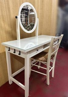 IKEA Hemnes Dressing Table with Chair
Glass-top
Tilting mirror
W43in x D18in x H53in
Table height 30in