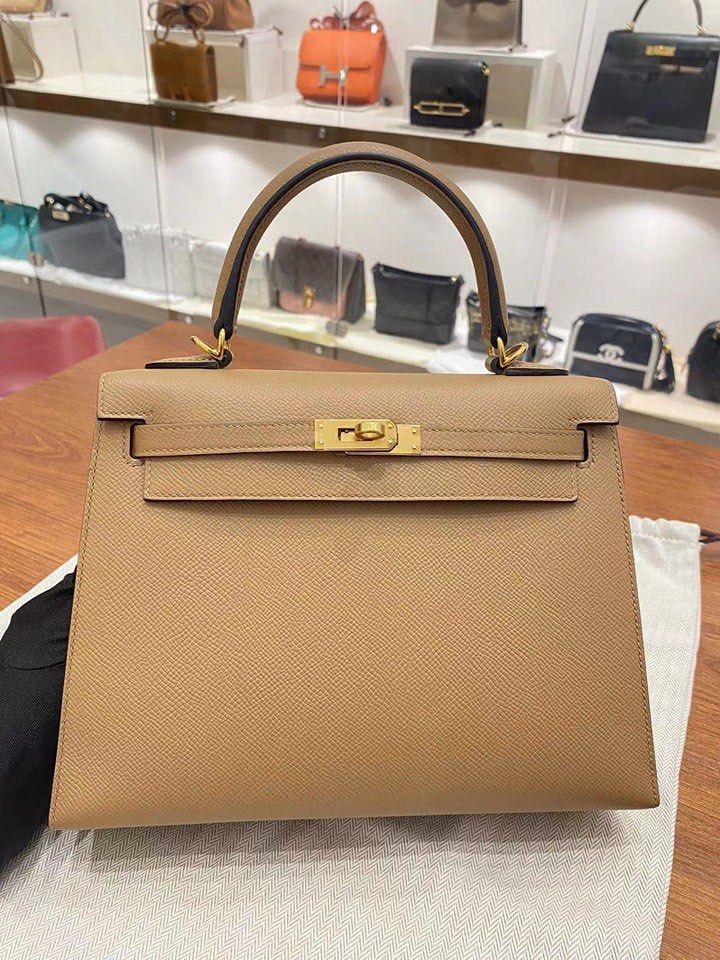 Hermes Kelly 25 Sellier Epsom Nata/Chai/Gris Meyer SHW Stamp U