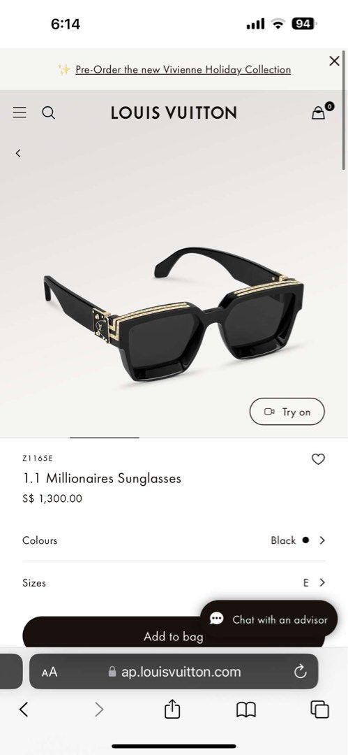 Louis Vuitton Millionaire 1.1 Sunglasses Z1165E Black Gold mens sunglasses