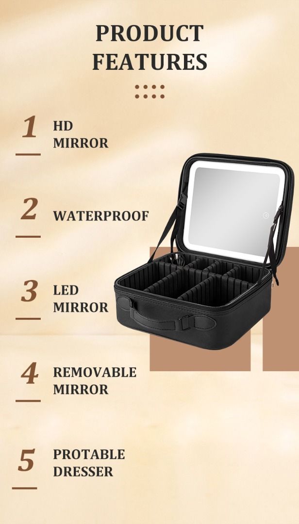 Make Up Bag with LED Lights (Category: Makeup) located in Mandaluyong City. Submitted by genesisemporiumph (Listing ID 1259428675, Image 3). Description: Travel Make Up Case Bag with Led Light Small: 1,600.00 Large: 2,000.00 Introducing the versatile Travel Makeup Case Bag with LED Light, a must-have for beauty enthusiasts on the go: - Touch Button and HD Mirror: This bag features a user-friendly touch button and a high-definition mirror, ensurin
