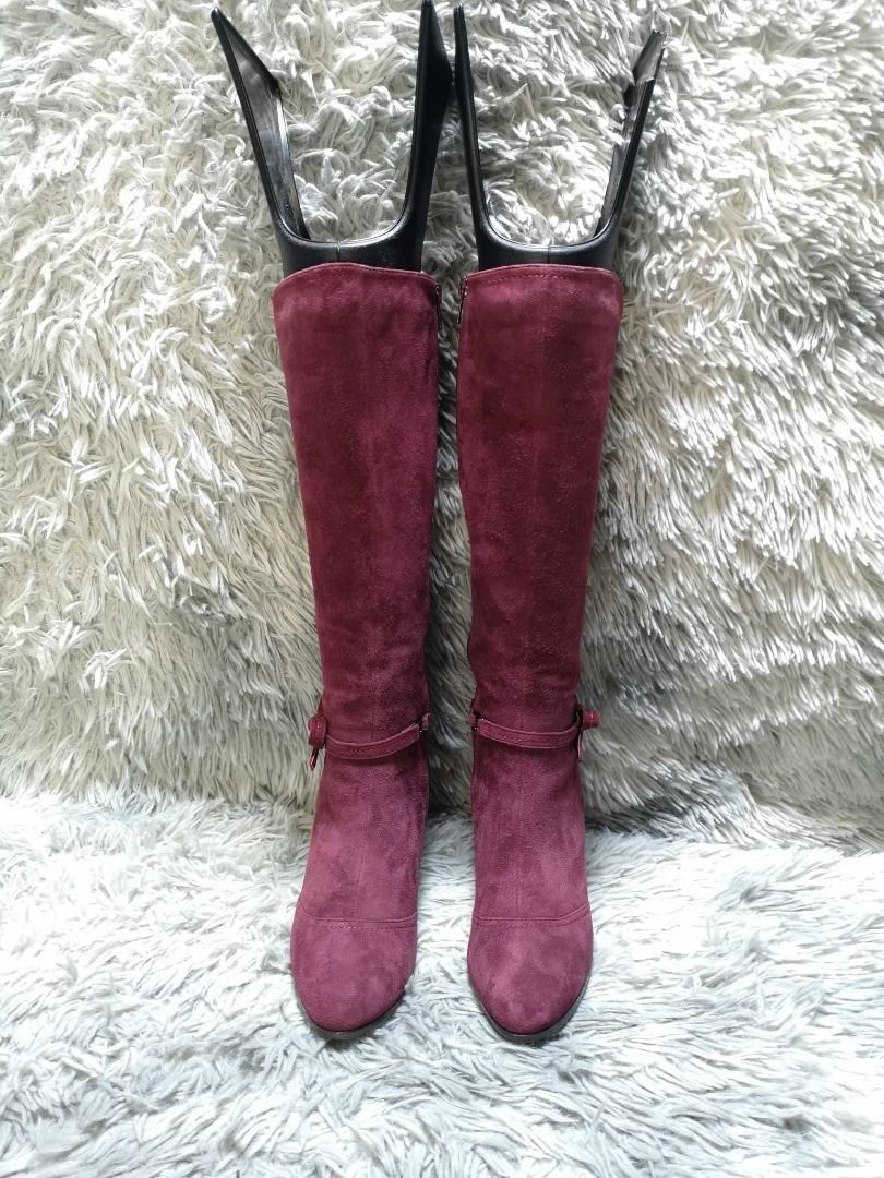 Maroon Zipper Suede Leather Knee High Boots Women s Fashion Footwear Boots on Carousell