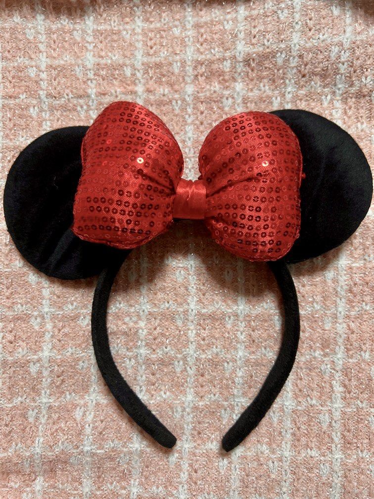 Minnie Mouse Ears Headband With Rhinestone Tiara – Black, Red Bow, Party Accessory