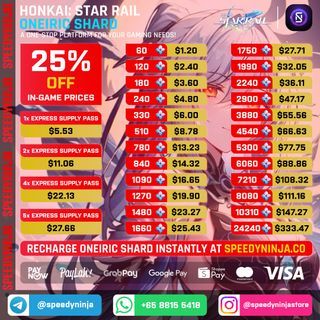 [PRICE REDUCED | NO LOGIN / BAN | 24/7 INSTANT | CHEAPEST] Honkai: Star Rail Oneiric Shard Top Up | Star Rail Oneiric Shard Recharge | Stellar Jade | No Login Required | VIA UID | SpeedyNinja