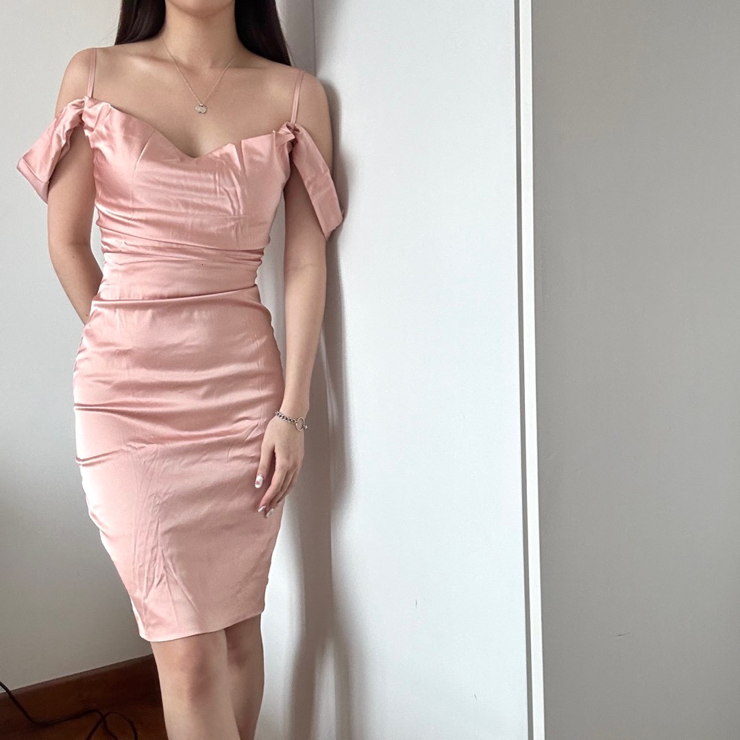 oh polly modern romance satin cowl neck knee length midi bodycon - Main Image