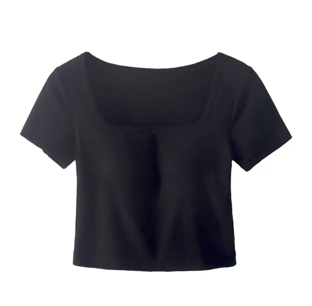 size XL] black square neck short sleeve crop top with built in bra