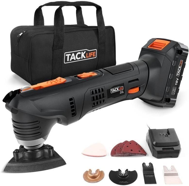 TACKLIFE Wireless Multi Function Tool pmt03b 18V 2.0Ah Lithium Ion Battery 1 Hour Quick Charge Mode 6 Variable Speed Tool for Stripping Seals Supplies Cut and Polish 24 and Carry Bag Included Furnitur...