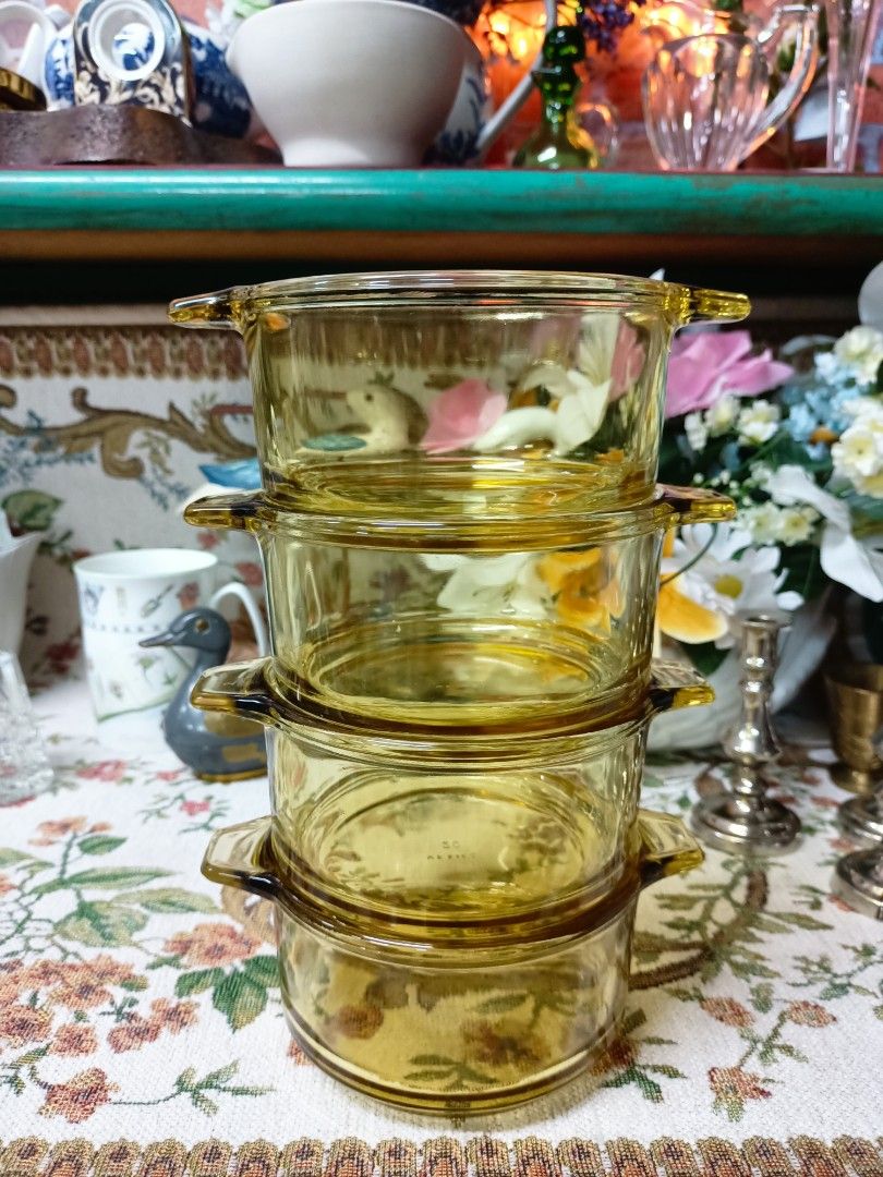 Vintage Amber Glass Casserole Dish With Yellow Flowers 