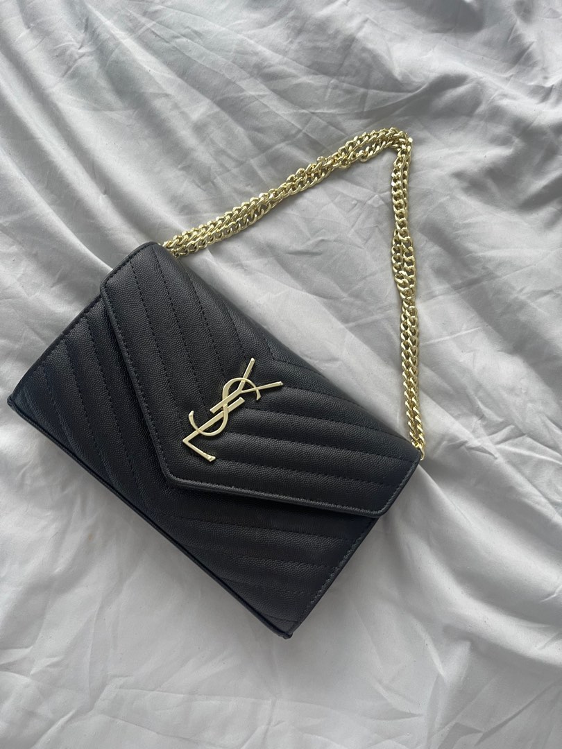 YSL Wallet on Chain Small in Monogram Grain Black Leather w/ Gold