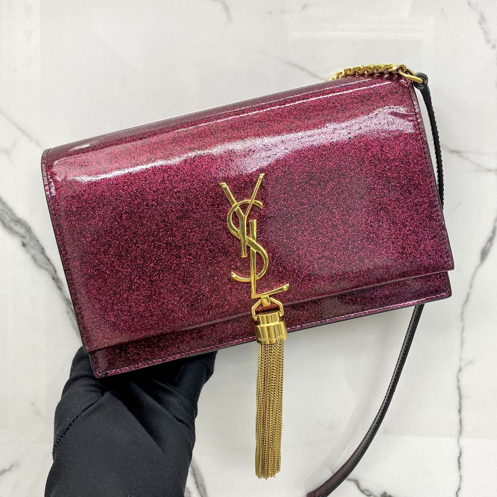 YVES SAINT LAURENT 452159 PINK GLITTER WALLET 2 WAY CHAIN SHOULDER