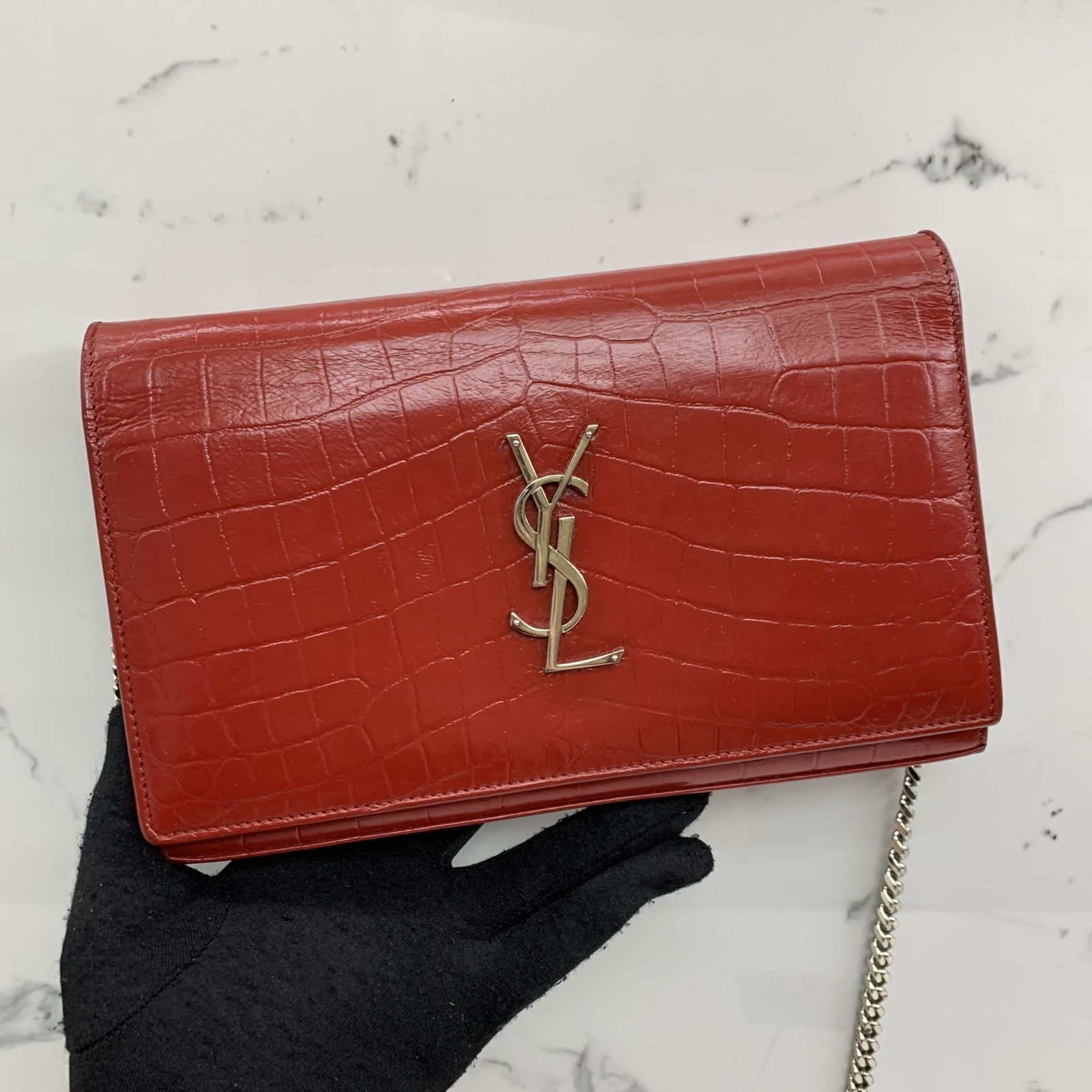 Saint Laurent Paris Red Croc Embossed Leather Wallet on Chain