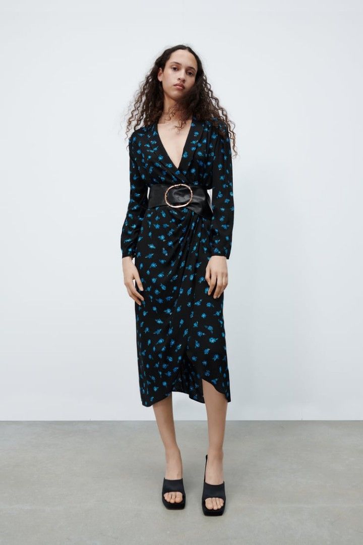 Zara Floral Print Dress with Belted, Fesyen Wanita, Pakaian Wanita
