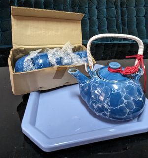 【二手/茶具出清】清雅藍綠色茶具組 (含托盤、茶壺及茶杯)