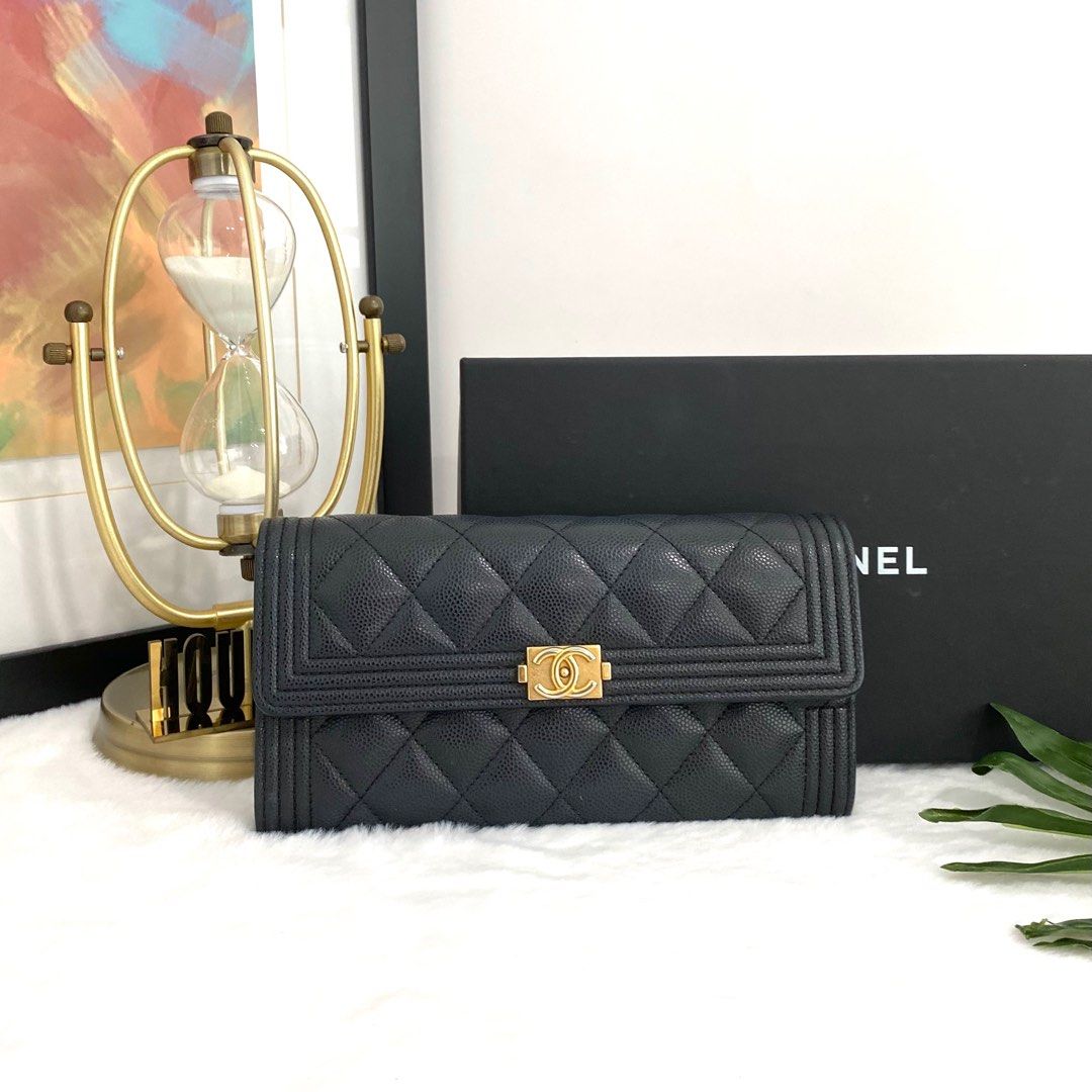 💯% Authentic Chanel Black Quilted Caviar Boy Flap Long Wallet in GHW