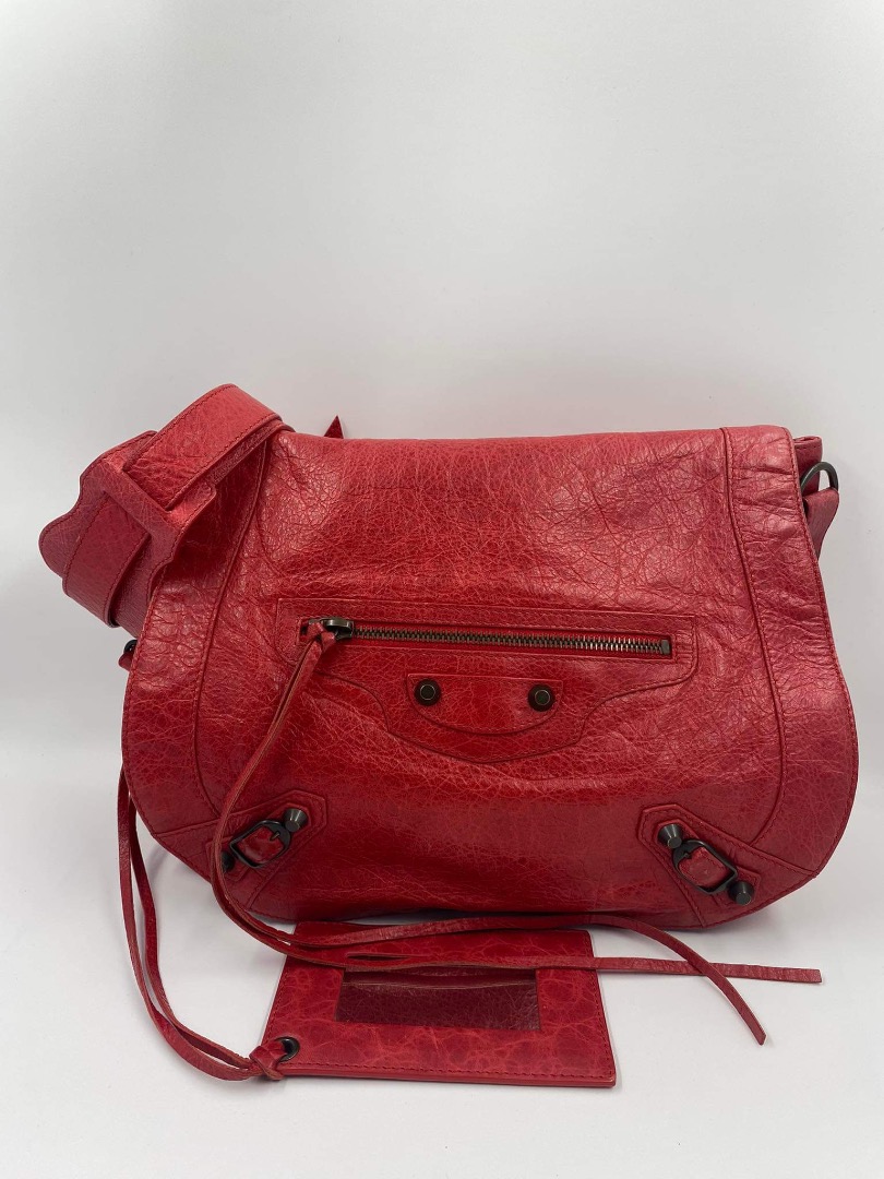 Authentic Balenciaga Red Lambskin Leather Folk Messenger Bag 