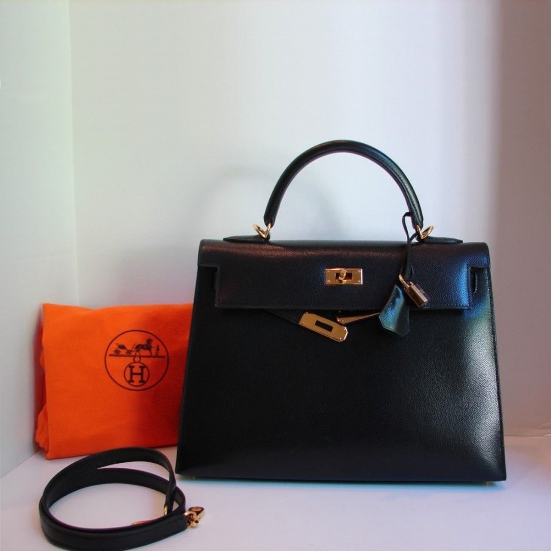 Hermes Kelly 32 Box Leather Black GHW Stamp Square G in 2023