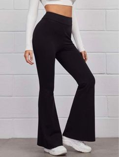 shein sxy solid rib knit flare leggings yoga pants black tights, Women's  Fashion, Bottoms, Jeans & Leggings on Carousell
