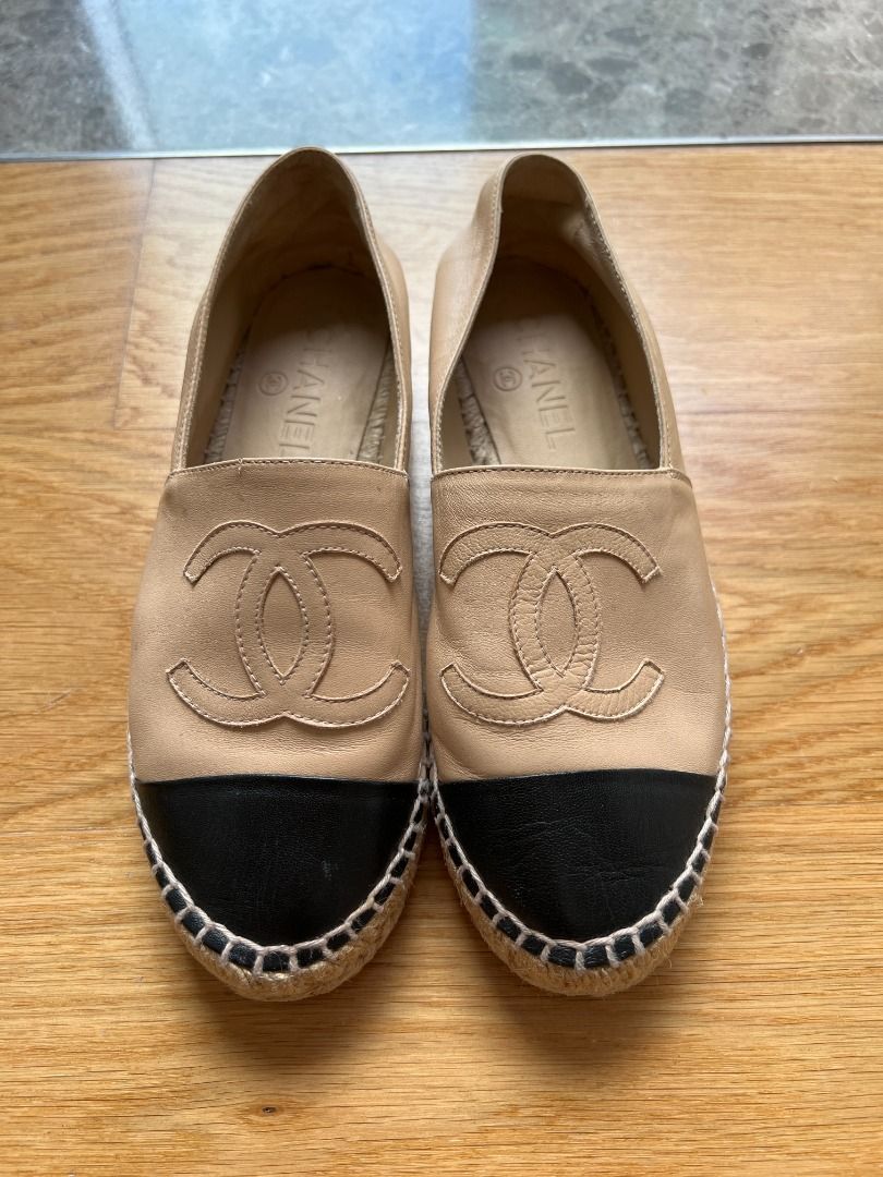 Chanel espadrilles lambskin cheap beige and black