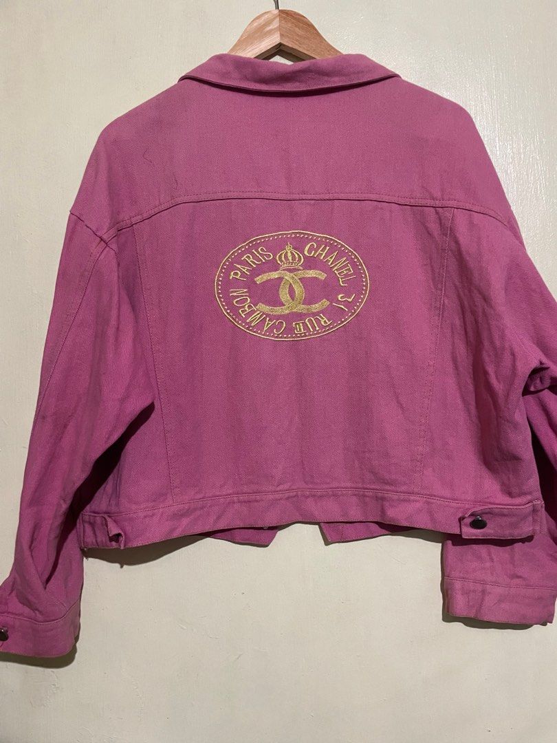 Chanel pink crop top denim jacket oversized (Category: Coats, Jackets and Outerwear) located in Paranaque City. Submitted by GotUph (Listing ID 1259561970, Image 3). Description: Embroidery design Fits med large can fit up to semi xl Buttons are not yet opened, nawala na yung tags niya hence selling low This is an oversized fit.