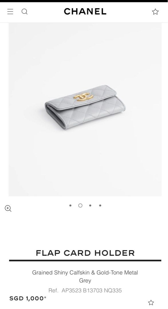 Flap card holder - Grained shiny calfskin & gold-tone metal, gray