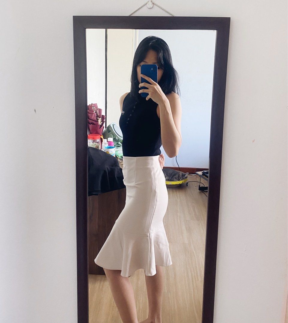 Cream High Waist Flare Midi Skirt Women s Fashion Bottoms