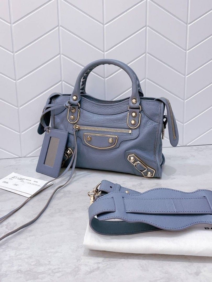 Excellent Balenciaga Mini City Edge Griss Blue GHW 2016 with Longstrap Dustbag Mirror Booklet Year Card Size 24 x 15 x 8 cm
