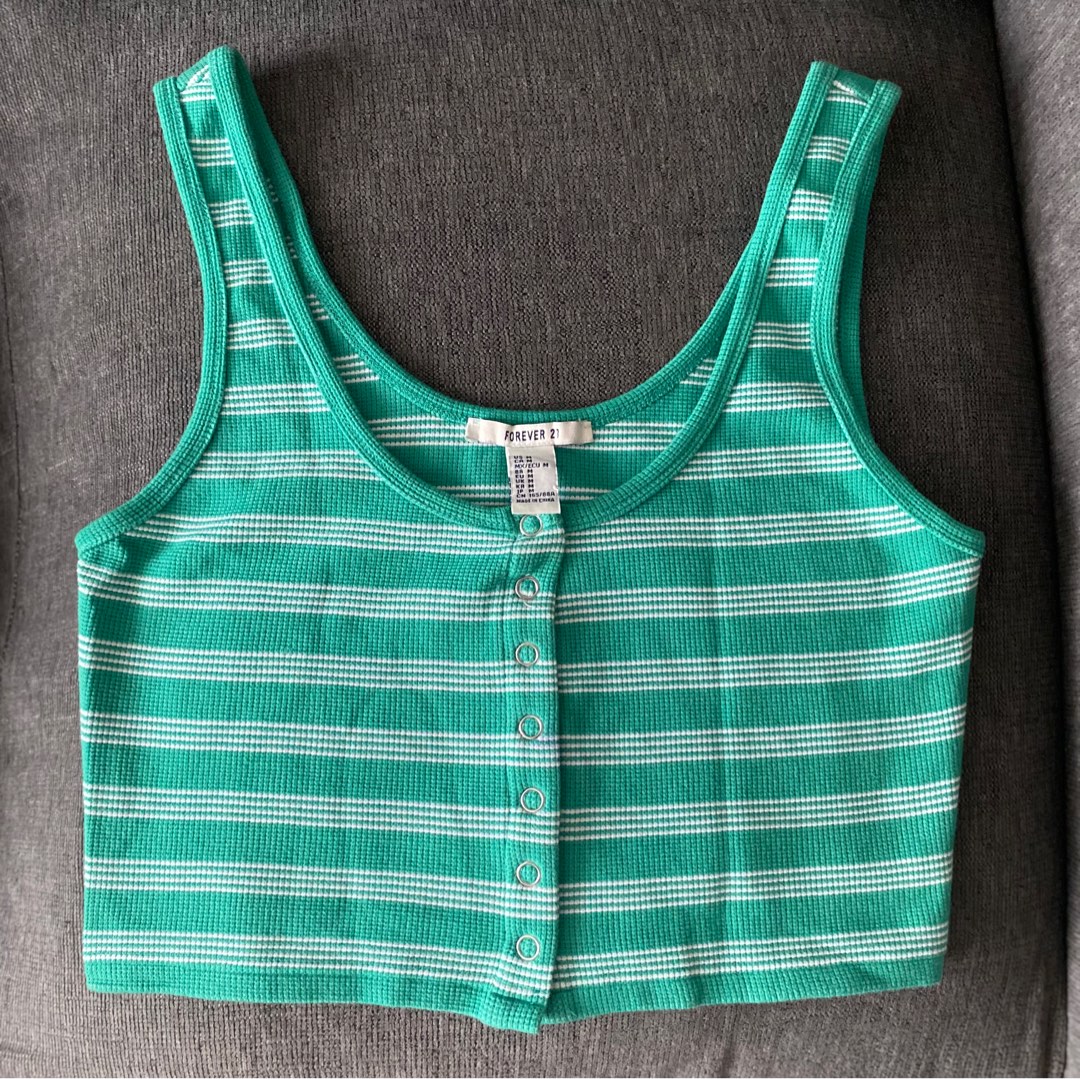 FOREVER 21 STRIPED CROPPED TANK TOP GREEN, Women's Fashion, Tops ...