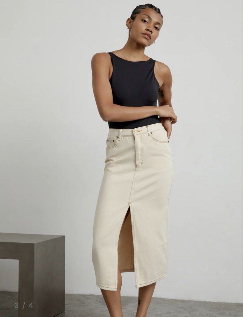 Beige denim skirt midi sale