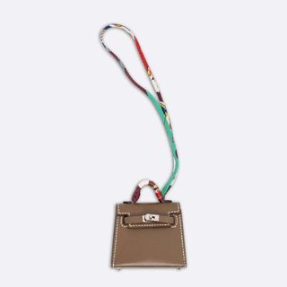 Auth HERMES Micro Kelly Twilly Bag Charm Etoupe Grey Leather/Silk - 99492a